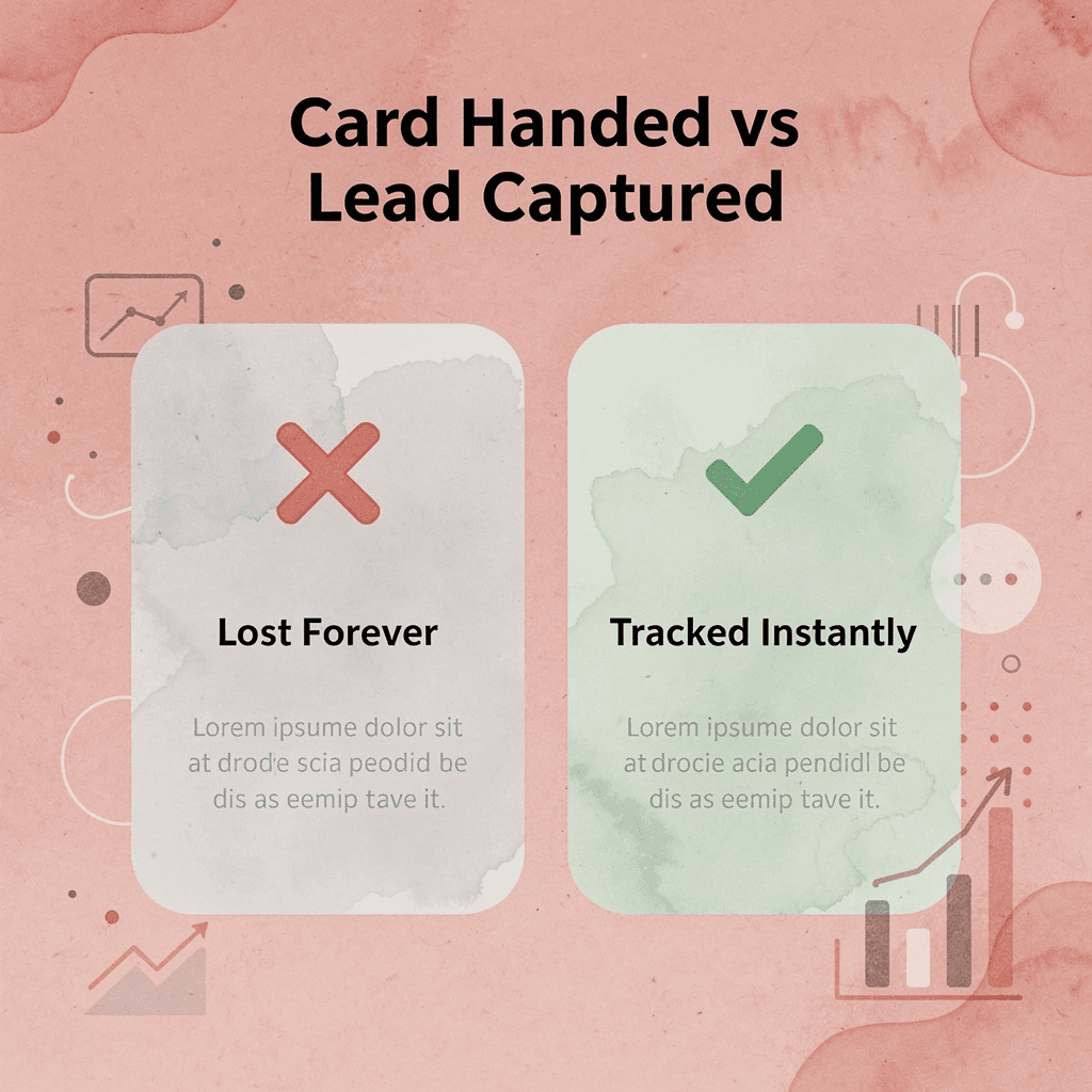 Before and after showing a lost business card versus a tracked digital interaction