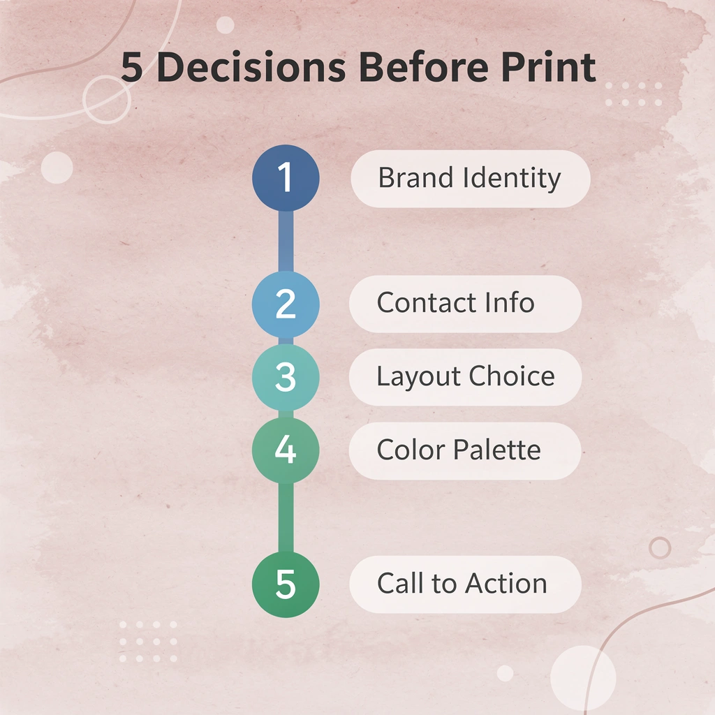 Infographic showing 5 key decisions to make before printing a plumbing business card