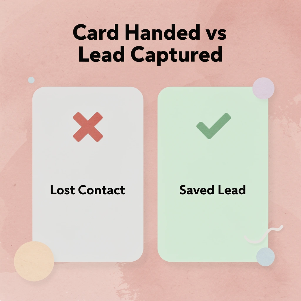 Before and after comparison showing lost contact versus saved lead with digital cards