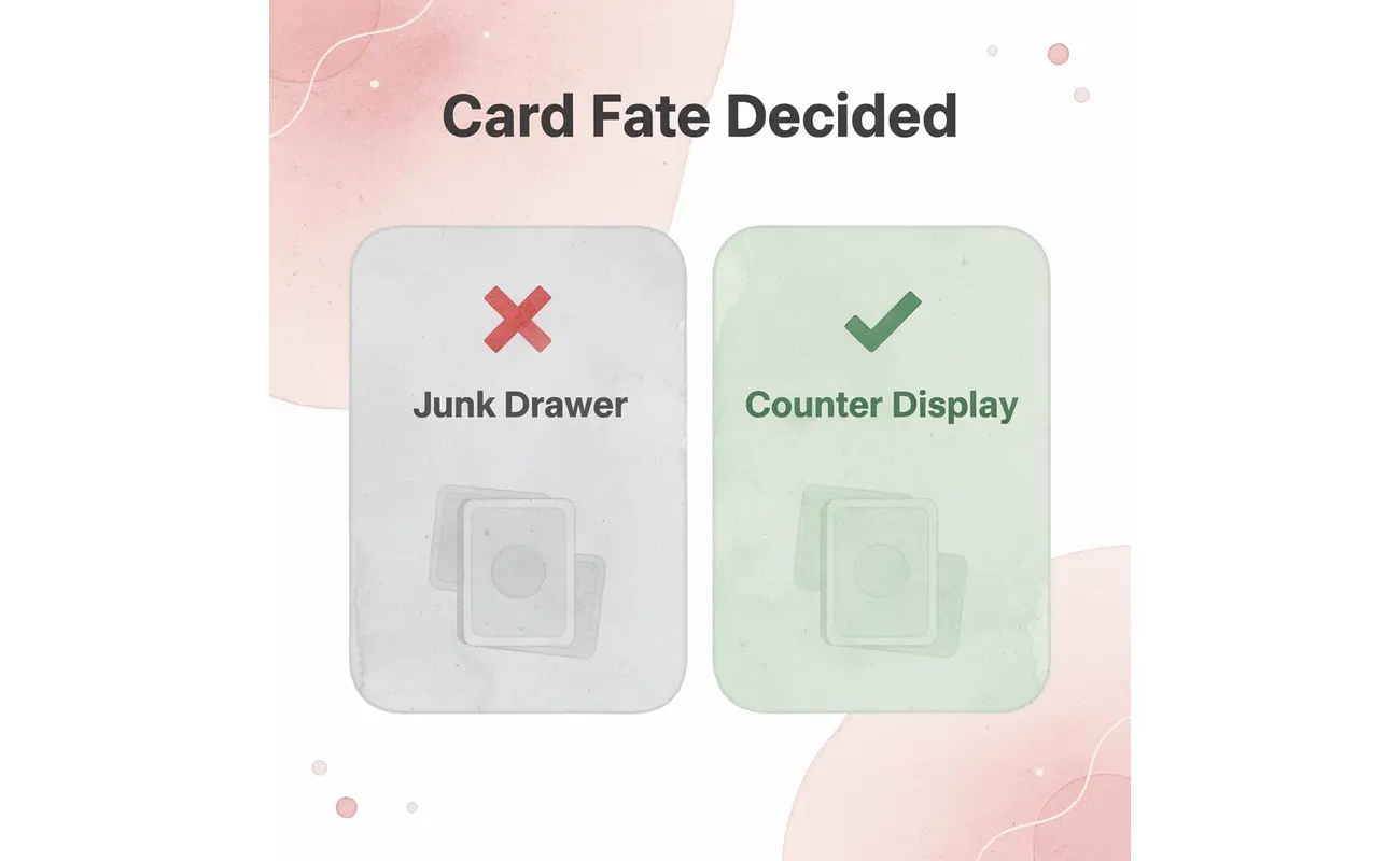 Before and after infographic showing the difference between a forgotten card and one kept on a prospect's counter