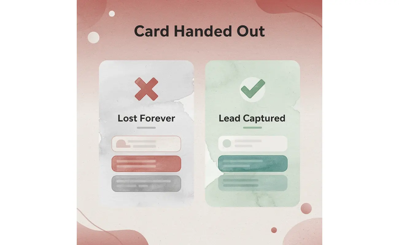 Before and after infographic showing paper card loss versus digital lead capture