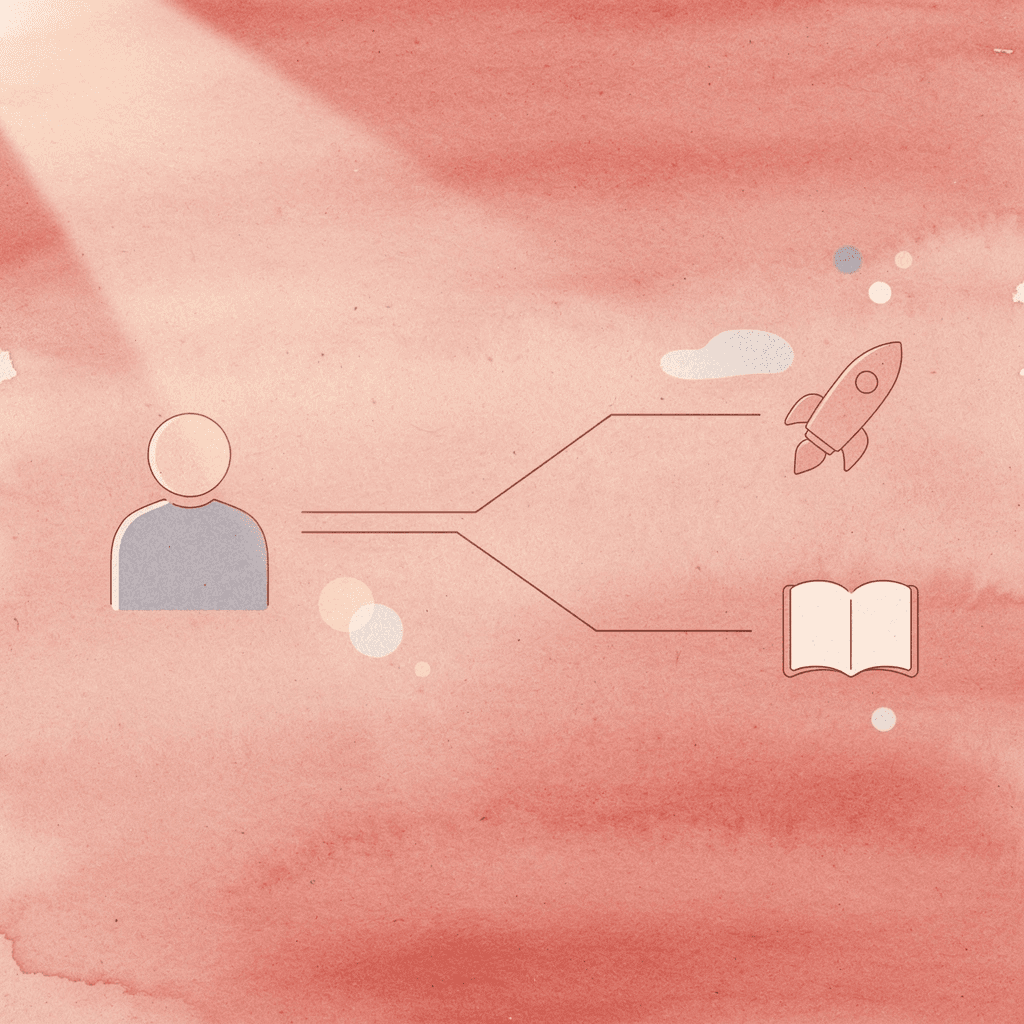 Icon showing a business card splitting into two outcome paths