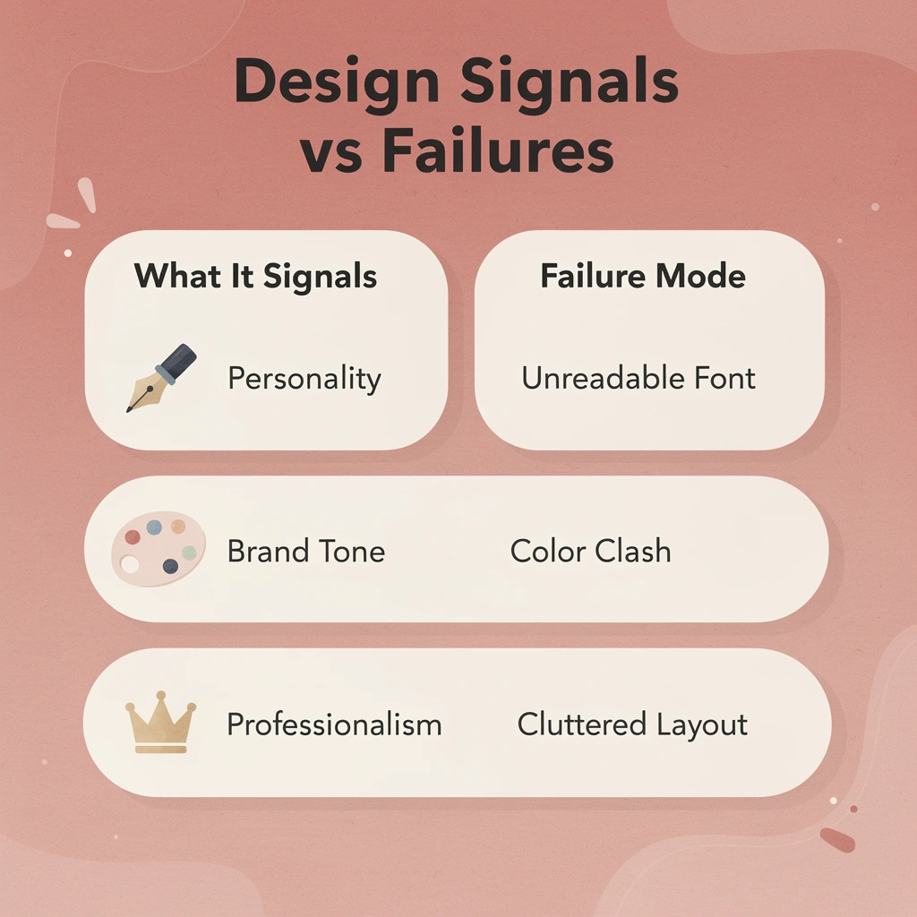 Two-column infographic comparing design signals against common failure modes