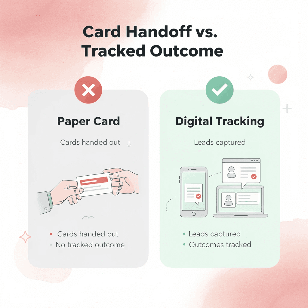 Before and after comparison of paper business cards versus digital tracking