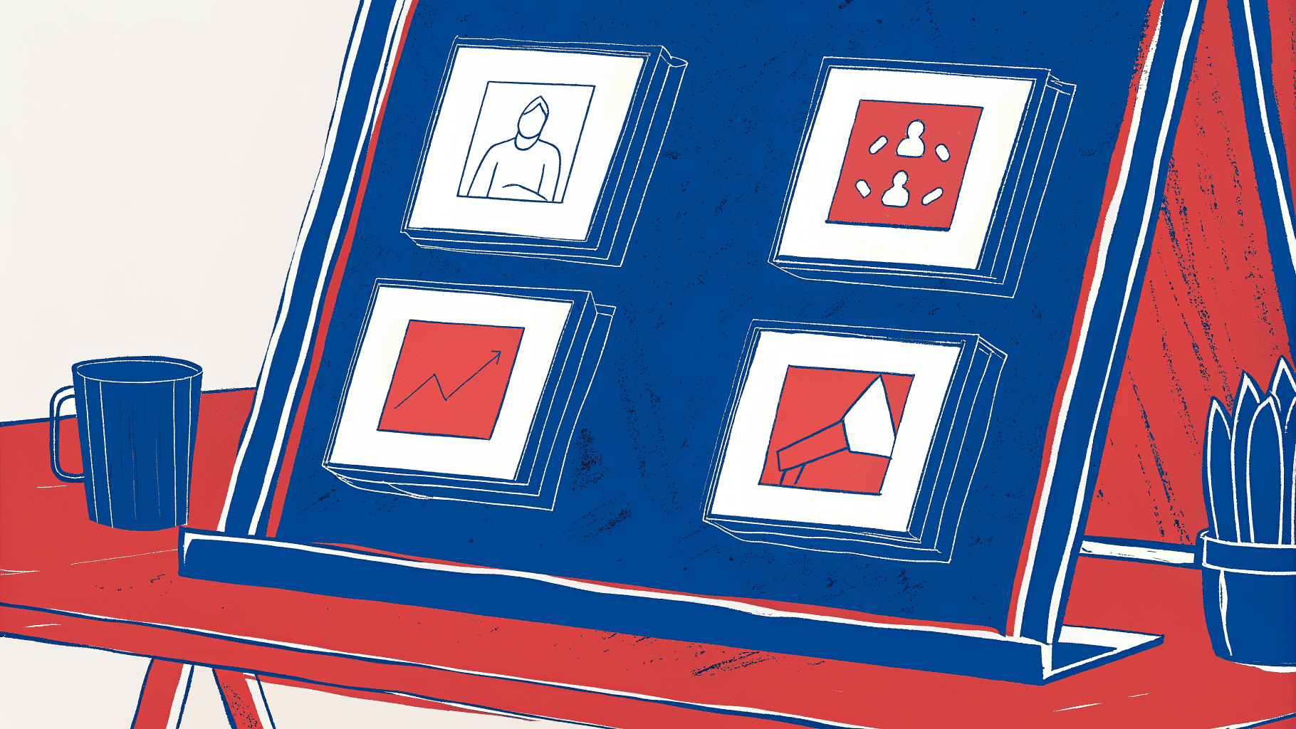 Five trade show ROI metric tiles on a dashboard board beside a digital card scanner and event lanyards