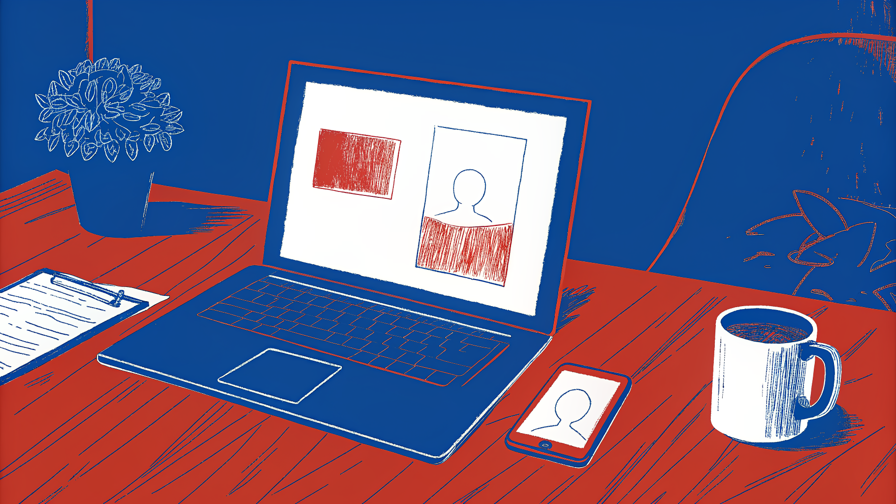 Desk with laptop showing ROI formula, digital business card, and lead data warning flag