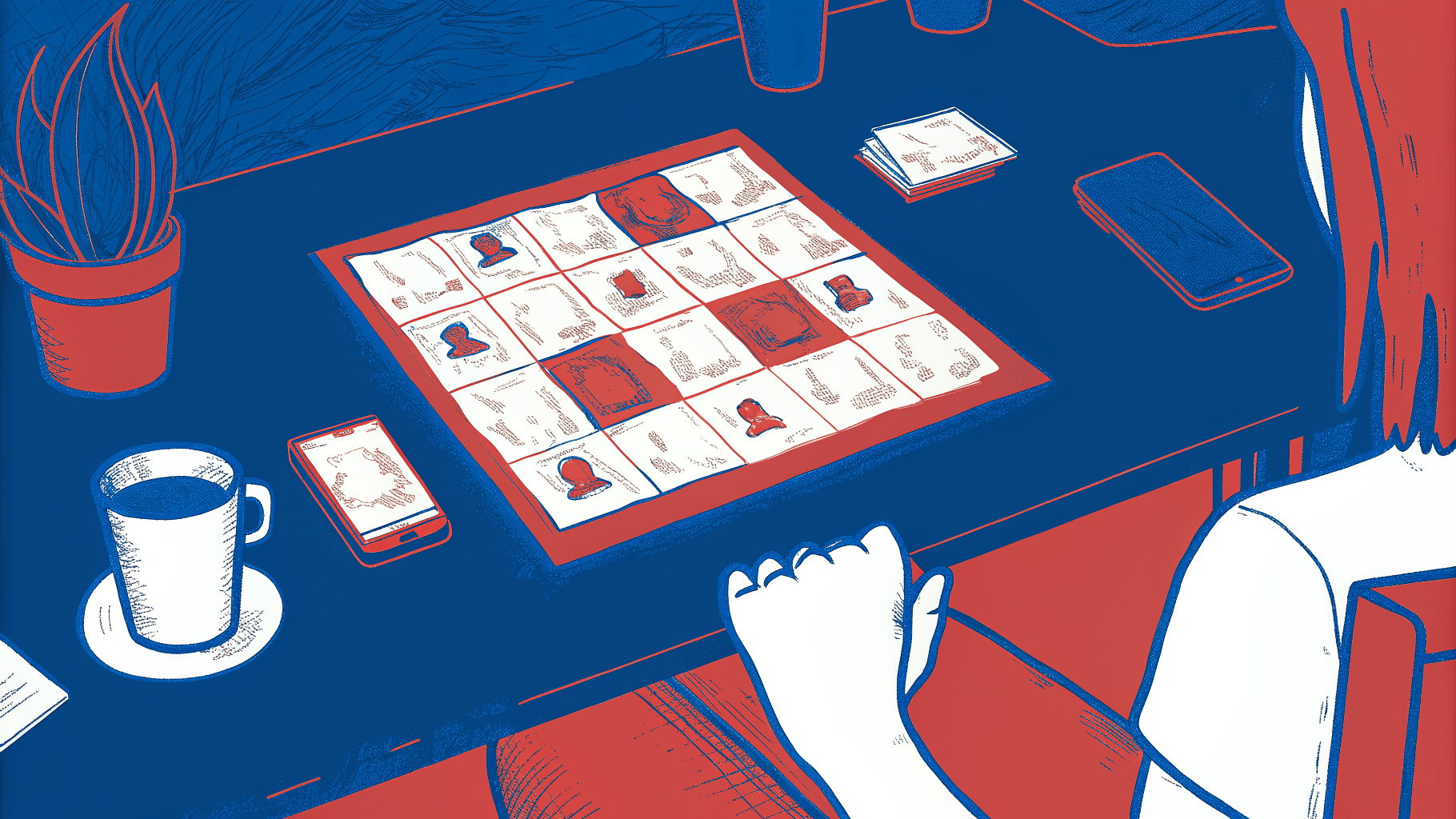 Two-axis lead scoring grid on a desk with tiered contact cards and a scanned digital business card