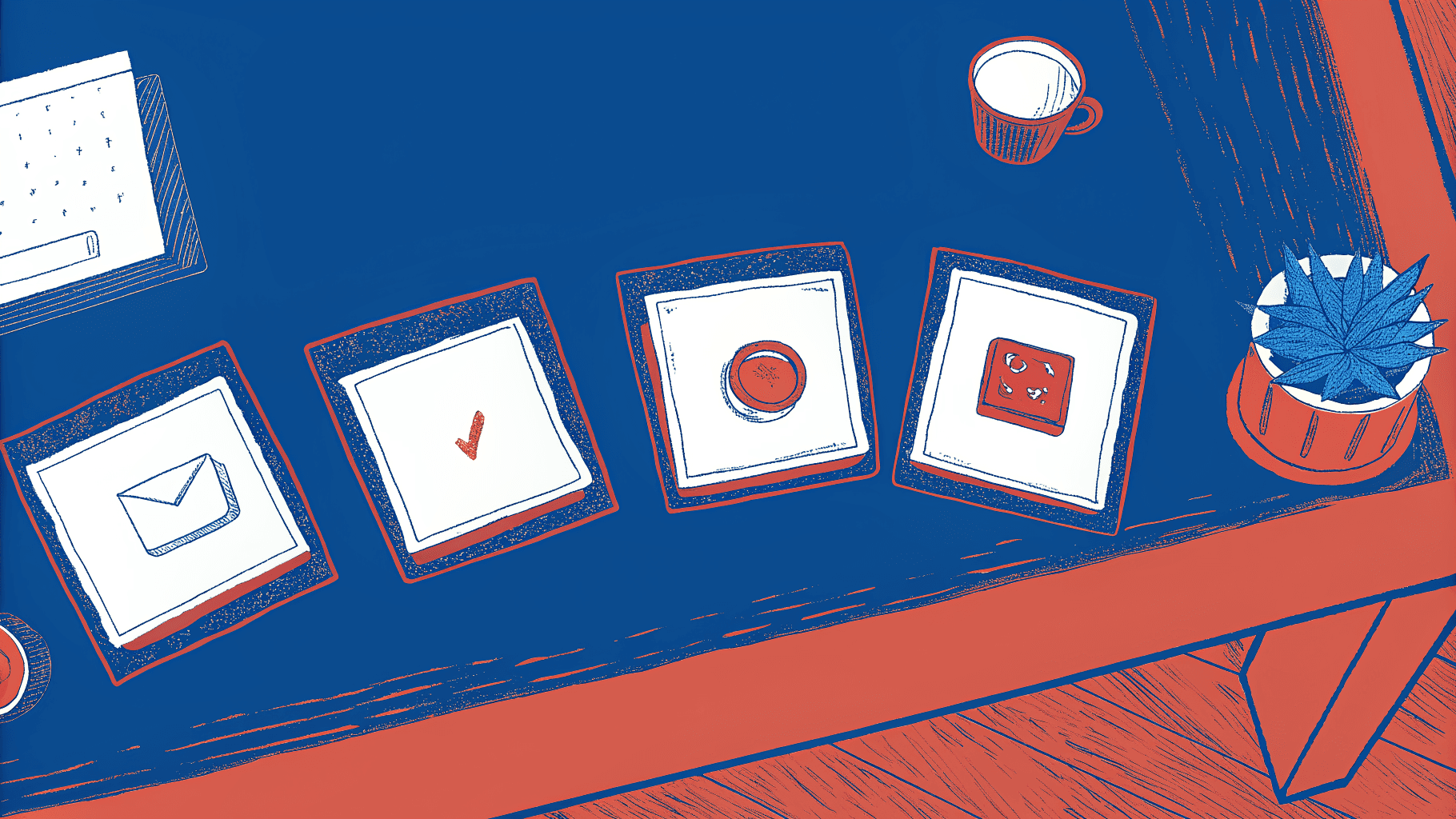 Five trade show follow-up KPI tiles on a sales director's analytics desk, one flagged amber