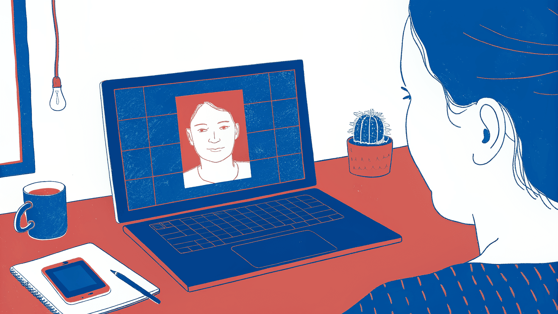 Sales rep actively listening on a video call, notebook open, digital contact card nearby