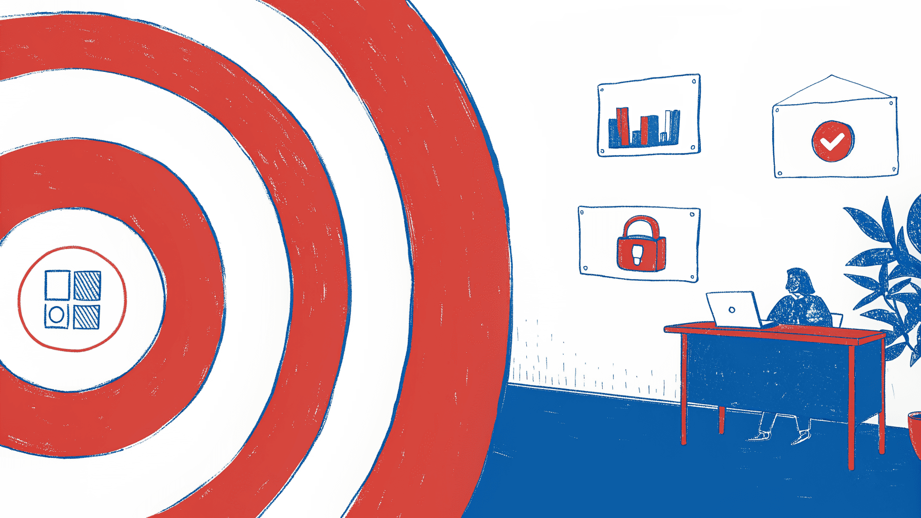 : Five team-grade digital business card criteria orbiting a bullseye on a sales director's desk