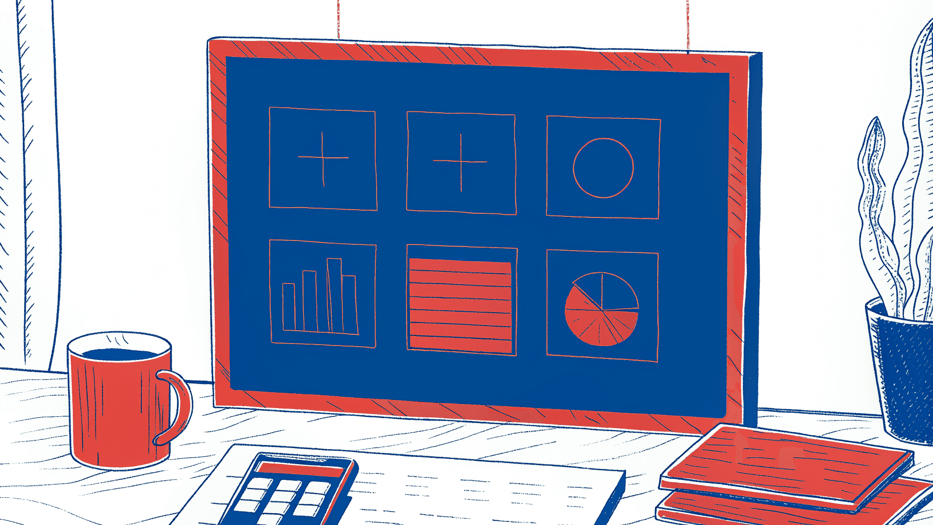 Marketing desk with ROI formula dashboard, digital business card, and trade show lead metrics