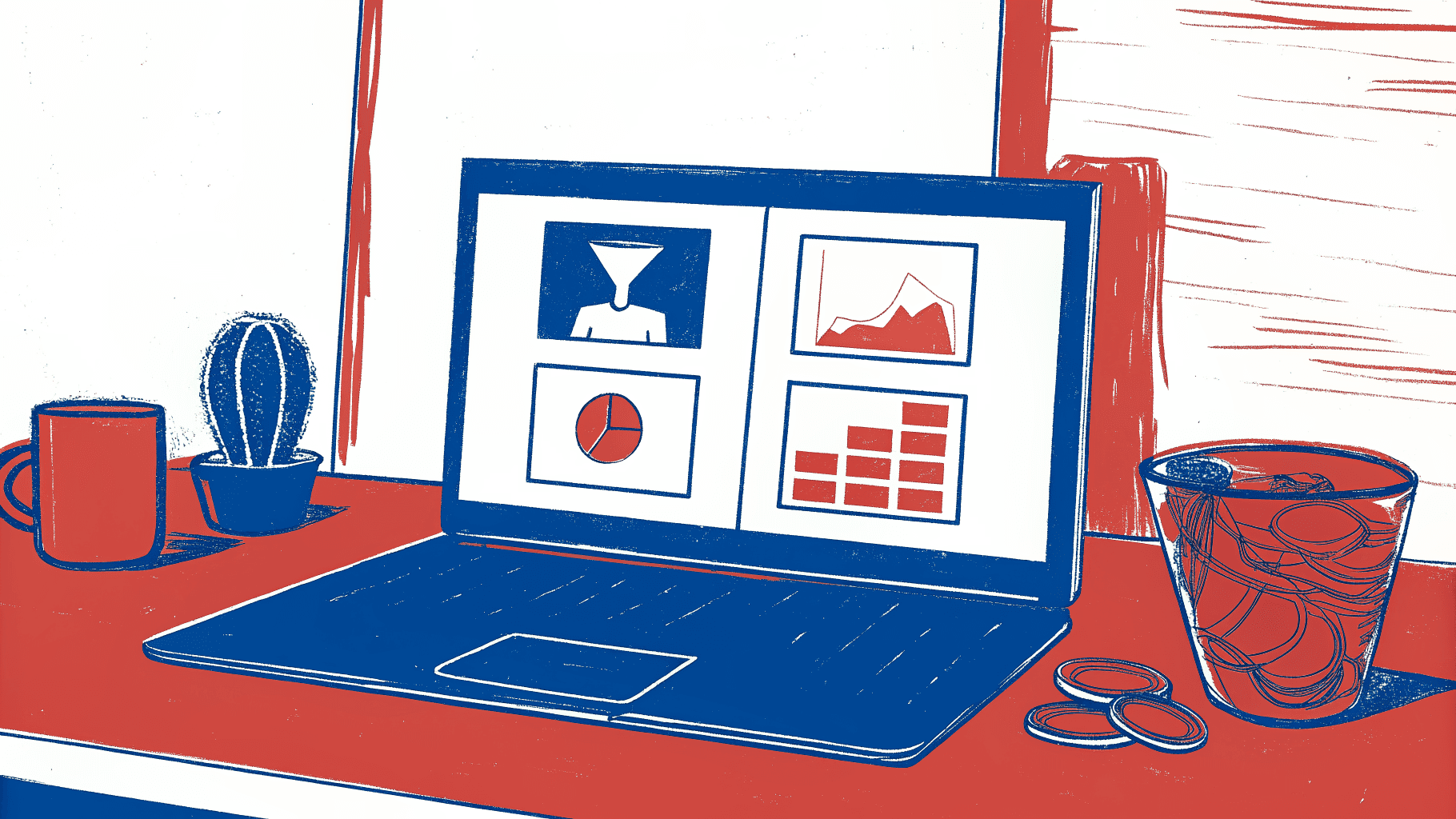 Three-stage event metrics flow connecting registrations, live pipeline signals, and revenue on a desk