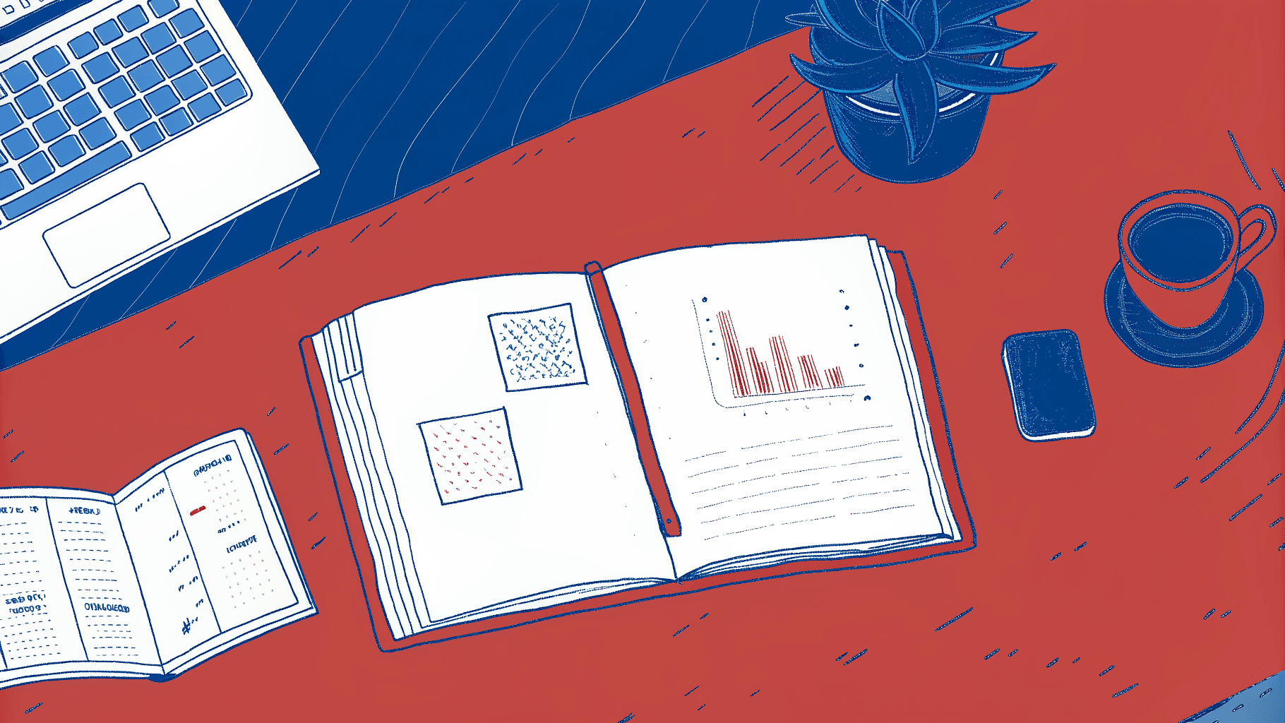 Marketing leader's desk with planner, numeric targets, and trade show prep materials