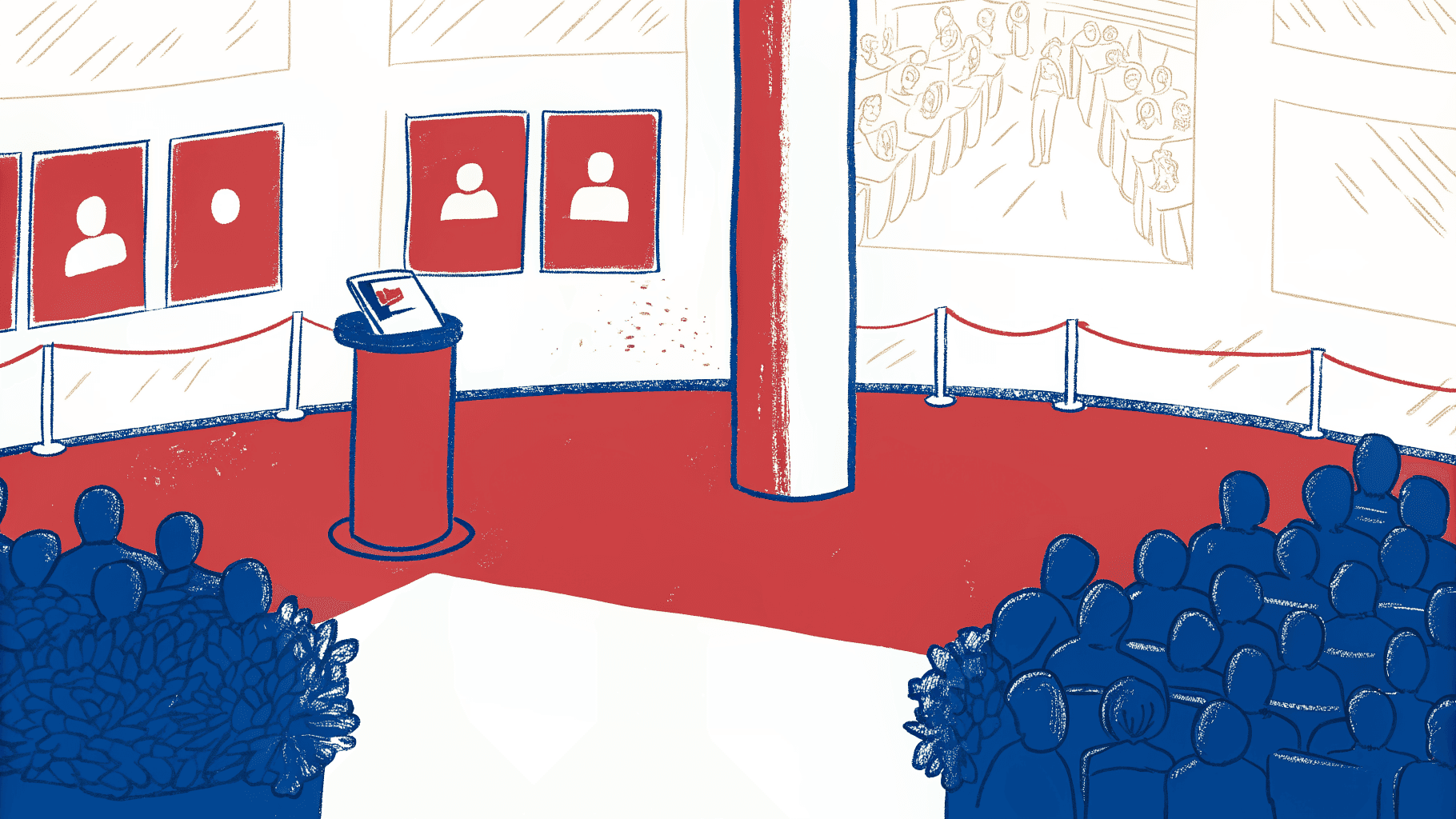 Trade show lead capture flowing through CRM pipeline into ROI gauge and budget chart
