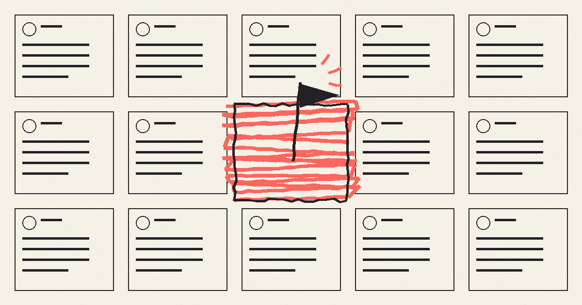 A grid of identical ruled posts, one scribbled out in orange with a flag planted in it