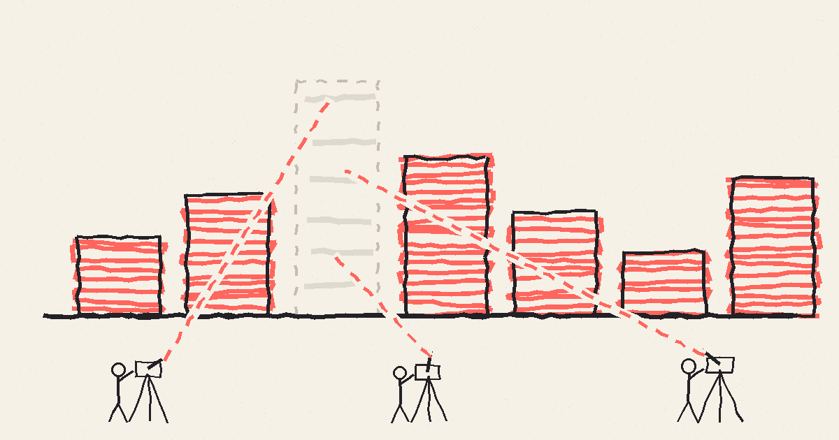 A hand drawn bar chart where the tallest bar has been erased to blank paper, while three surveyors sight the empty column from three different angles.