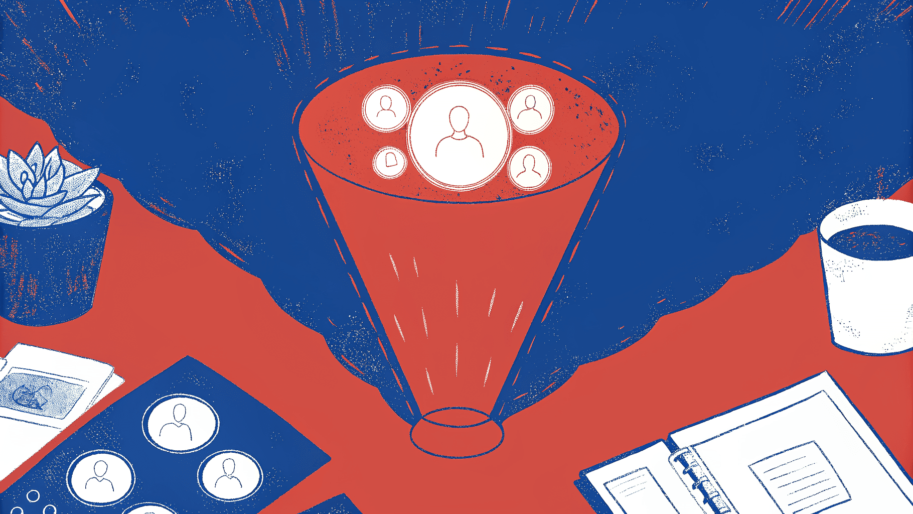Four conference networking software feature categories orbiting a central sales pipeline funnel icon