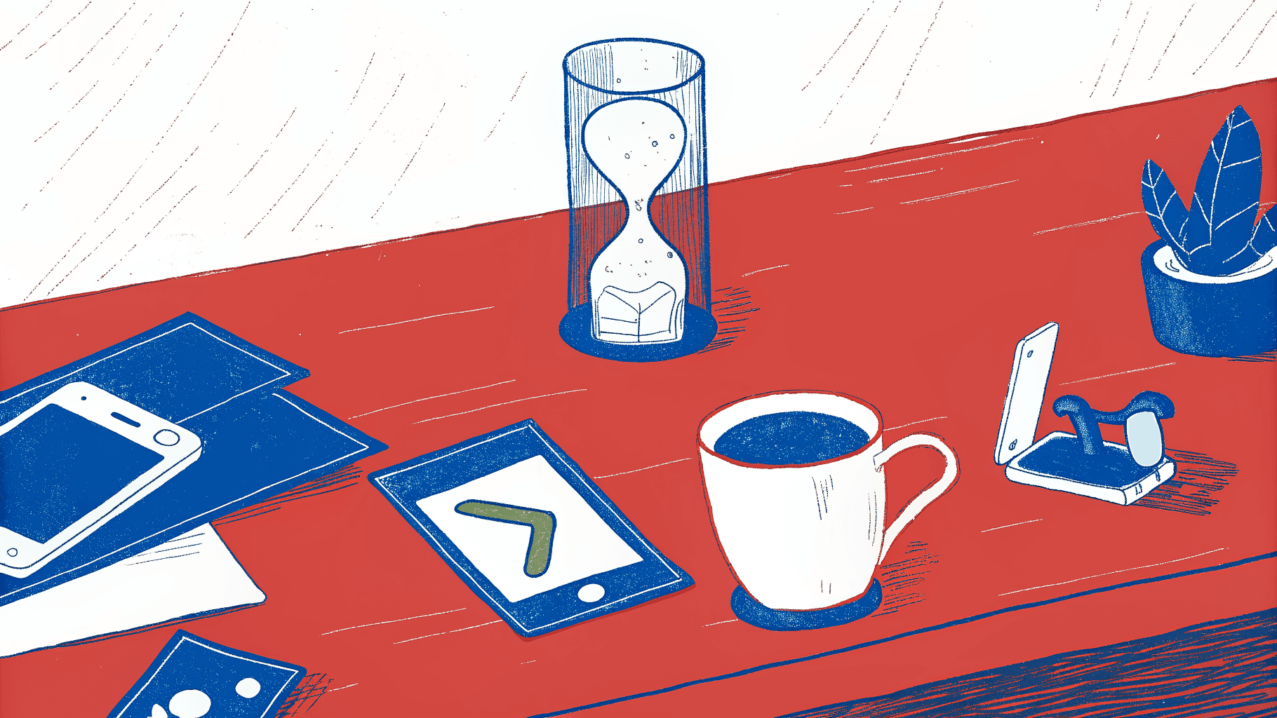 Drained hourglass beside crumpled business cards and digital contact capture phone at sales desk