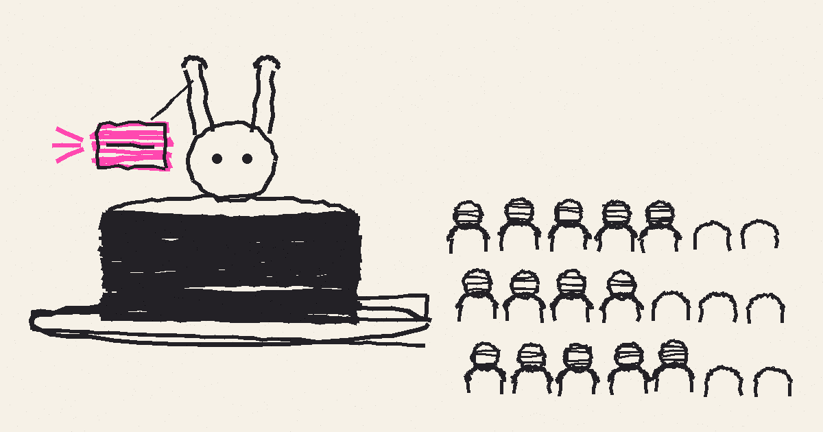 A magician's rabbit rises out of a top hat with a paper tag tied to its ear, while a third of the audience seats in front of it sit empty.