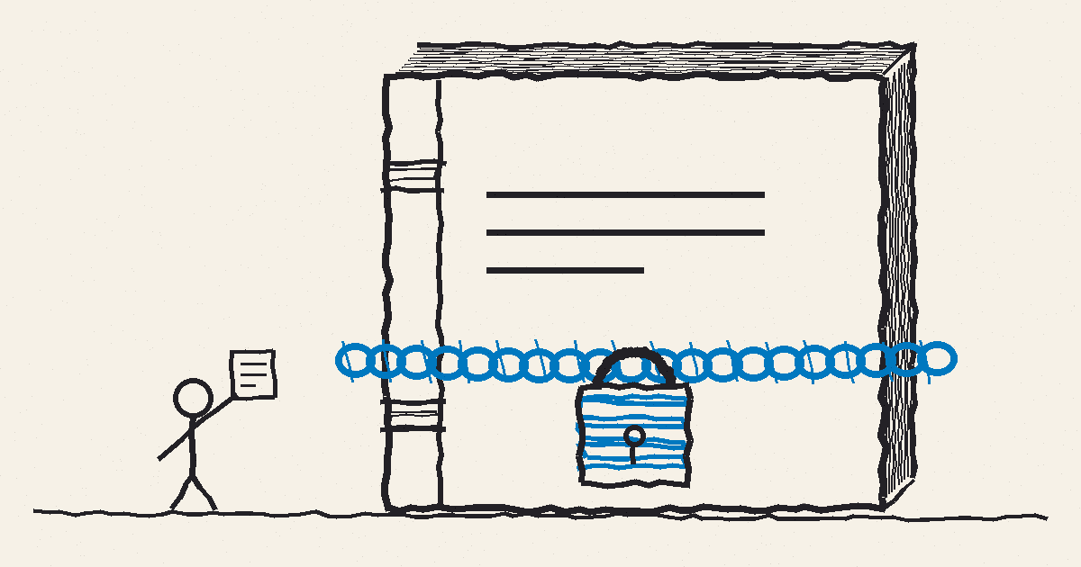 Hand drawn illustration of an enormous bound ledger, chained shut and padlocked, towering over a small exhibitor holding a single receipt sized calendar invite.