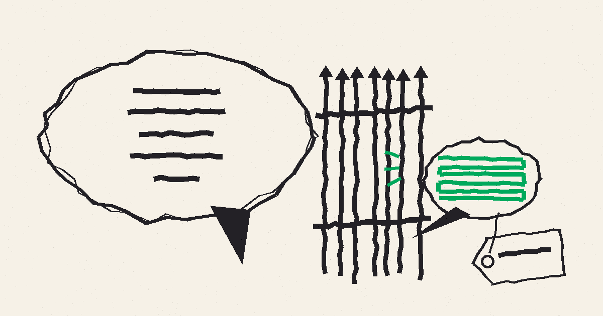A hand drawn speech bubble stands free on one side of a wobbly fence while a smaller bubble with a price tag is pressed against the other side