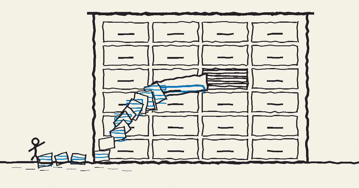 A convention center whose facade is filing cabinet drawers, one hanging open and spilling contracts into the street