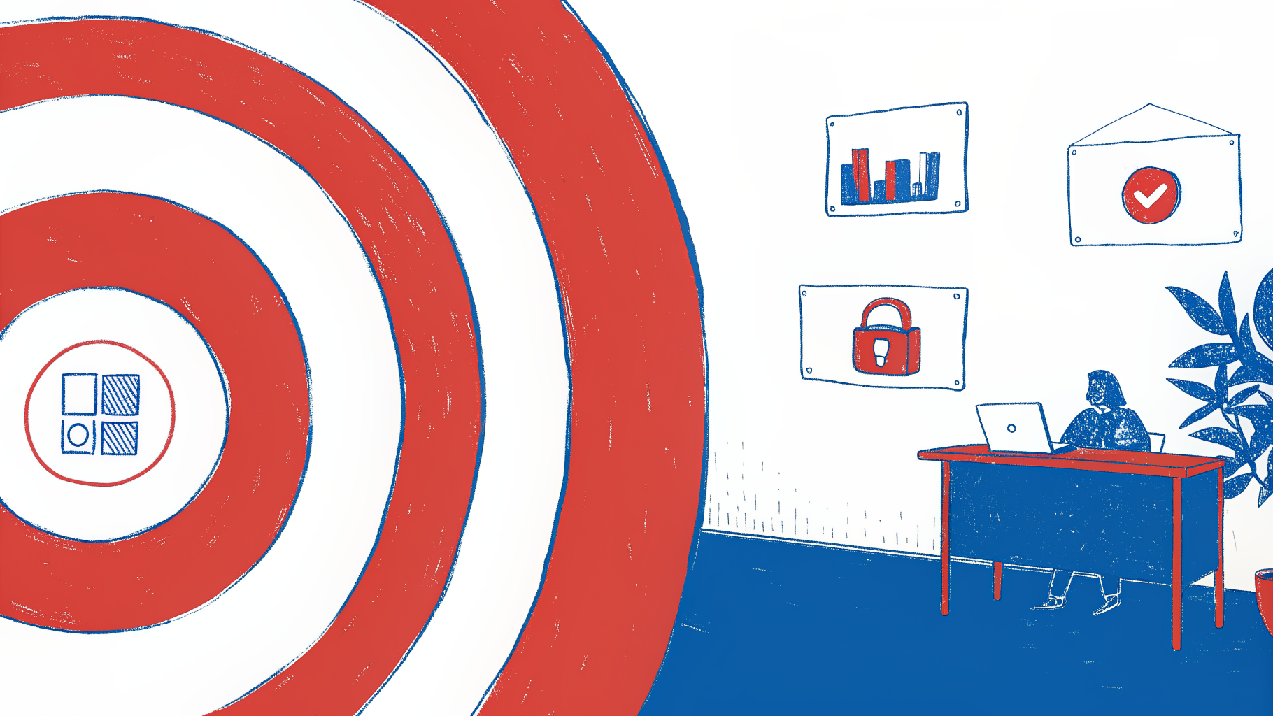 Five team-grade digital business card criteria orbiting a bullseye on a sales director's desk