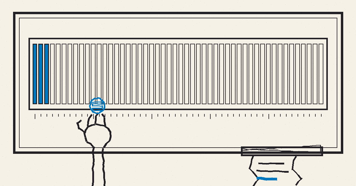 A hand-drawn illustration of a large machine with a rack of fifty narrow slots, only the first three filled in blue, while a small hand reaches up holding a fourth coin and a receipt prints from a slot below.