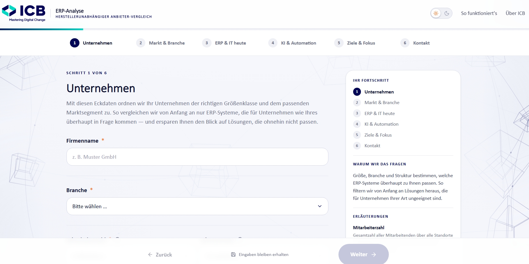 Kostenlose Online-ERP-Analyse von ICB – Screenshot des Fragebogens (Schritt 1 von 6)