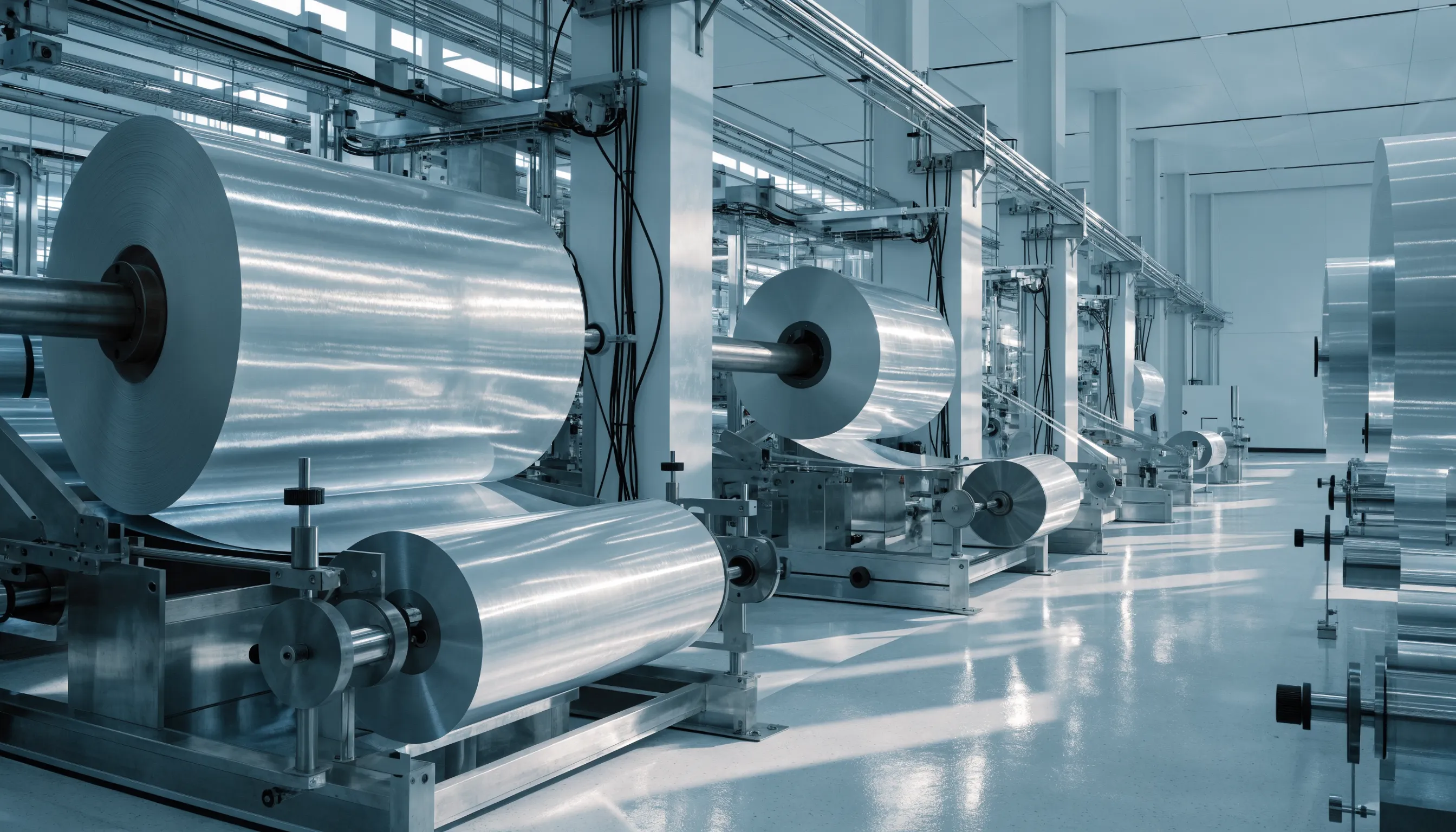 A modern production facility operated by a film manufacturer that uses large rolls of film in its process manufacturing