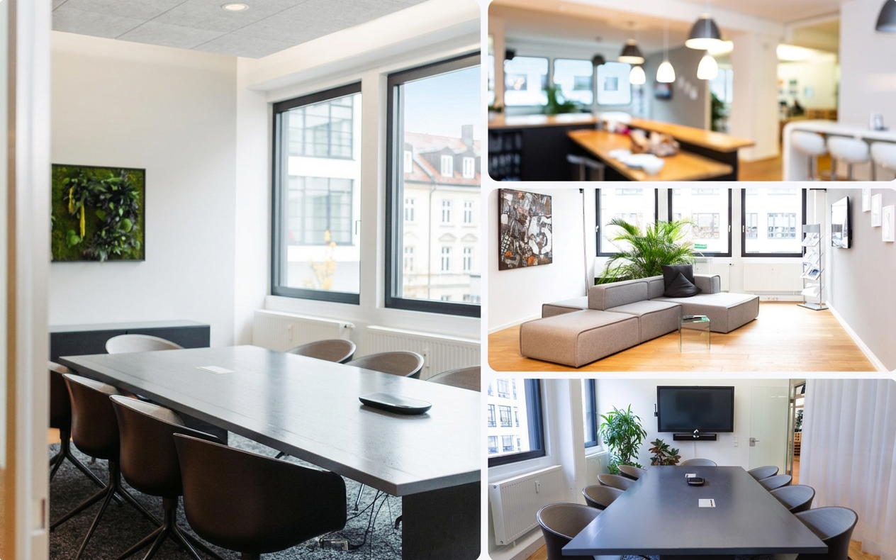 Collage of four views of the ICB office at Balanstraße 73, Munich—image edited using AI