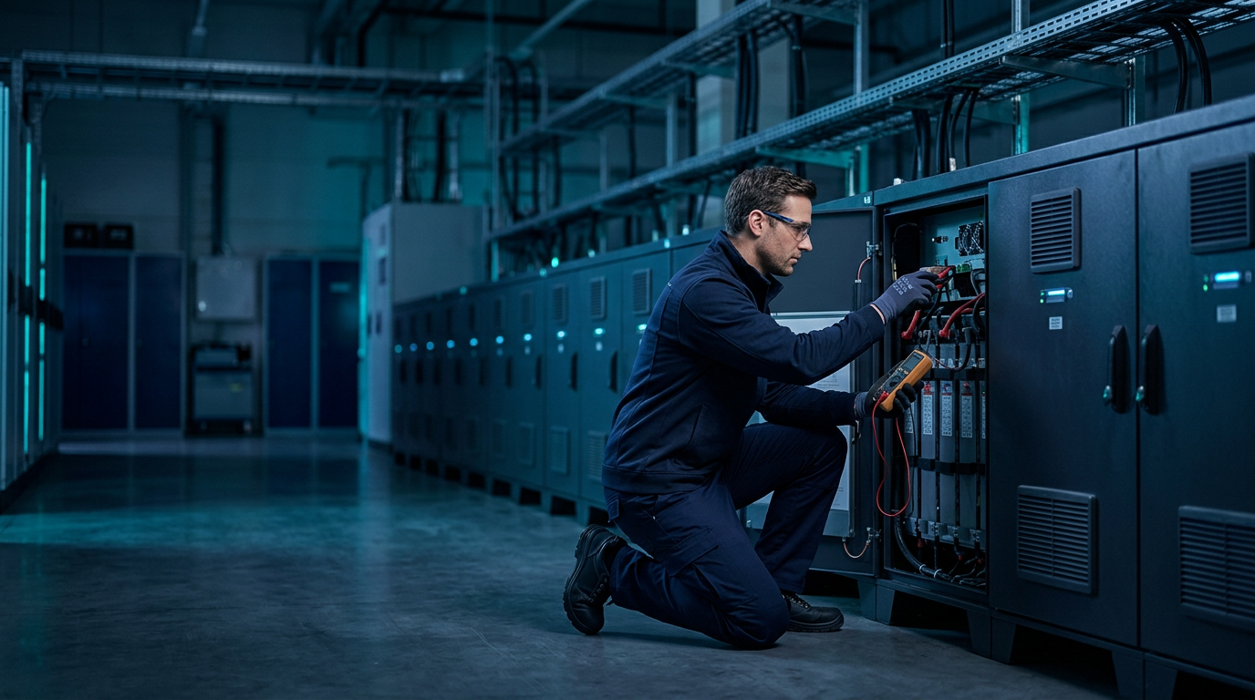 Servicetechniker prüft eine industrielle Batterieanlage in einer Servicehalle – kühle Blautöne, Sinnbild für die Verbindung von ERP und Feldservice