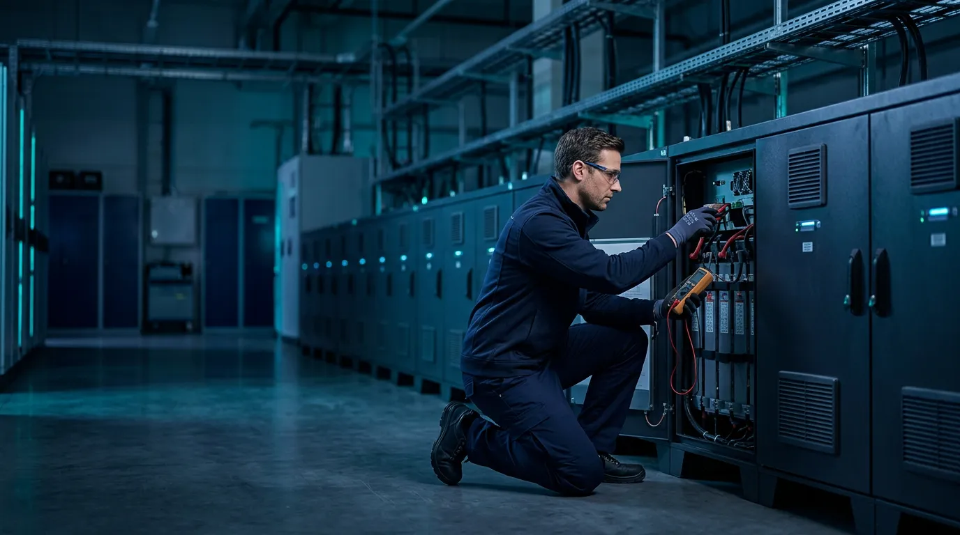 A service technician inspects an industrial battery system in a service hall—cool shades of blue, symbolizing the connection between ERP and field service