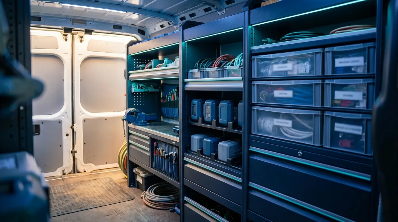 Interior view of a tidy service vehicle with labeled supply boxes and spare parts—symbolizing the service vehicle as its own storage location in Business Central