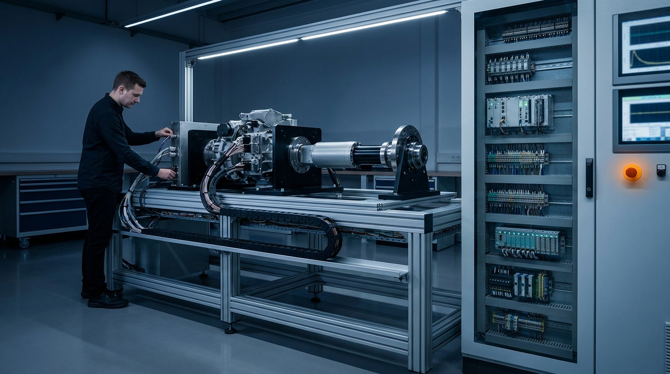 Ingenieur an einem kundenspezifisch aufgebauten Prüf- und Testsystem mit Aluminium-Rahmen, Aktuator und Schaltschrank in einem Labor