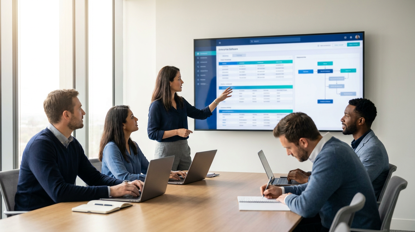 Consultants und Power User sitzen gemeinsam vor Bildschirmen und arbeiten im neuen ERP-System im Rahmen eines Train-the-Trainer-Workshops
