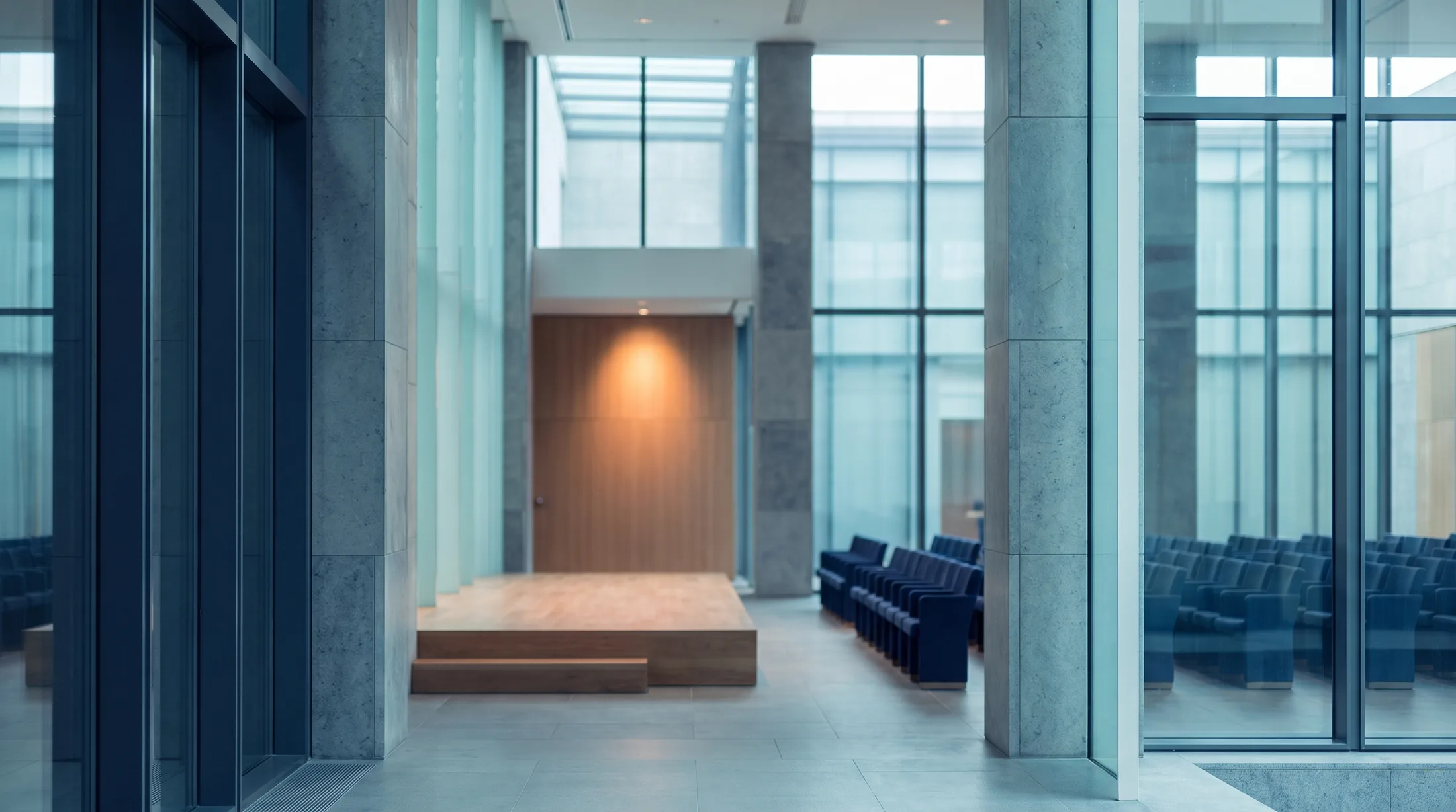 A modern public cultural and exhibition facility with an attached conference center, featuring a cool blue color scheme