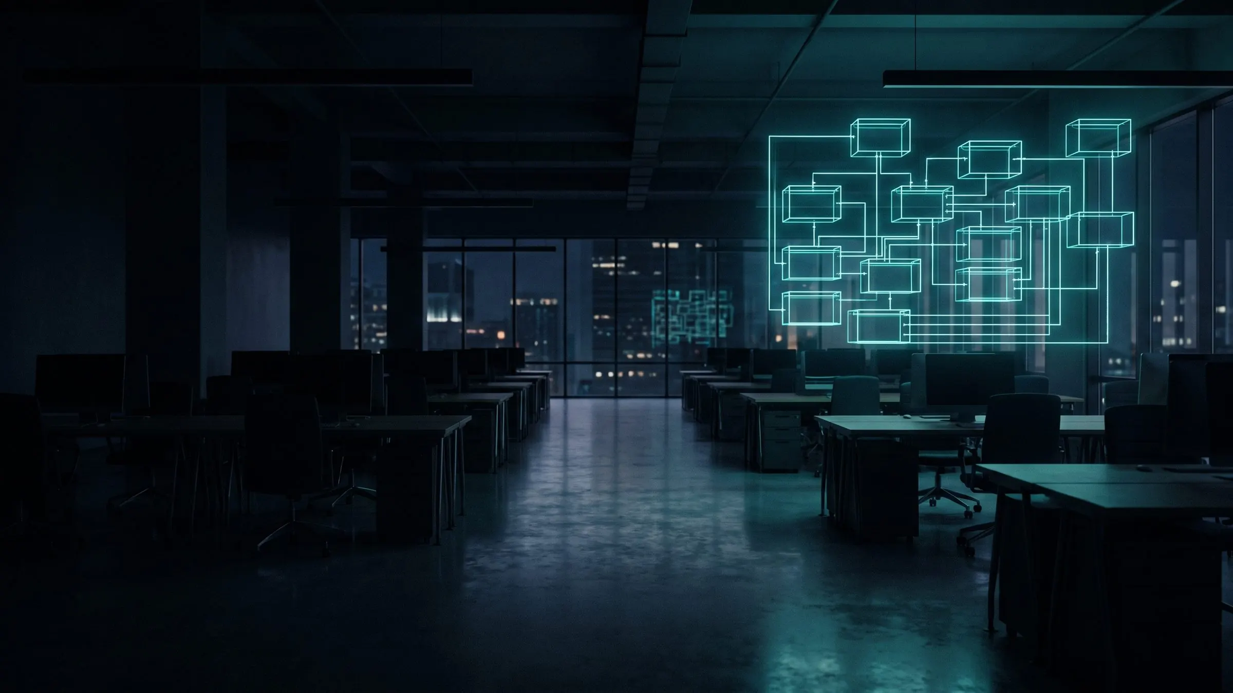 Dark open-plan office at night, on the right of the picture a floating, luminous scheme of connected boxes.