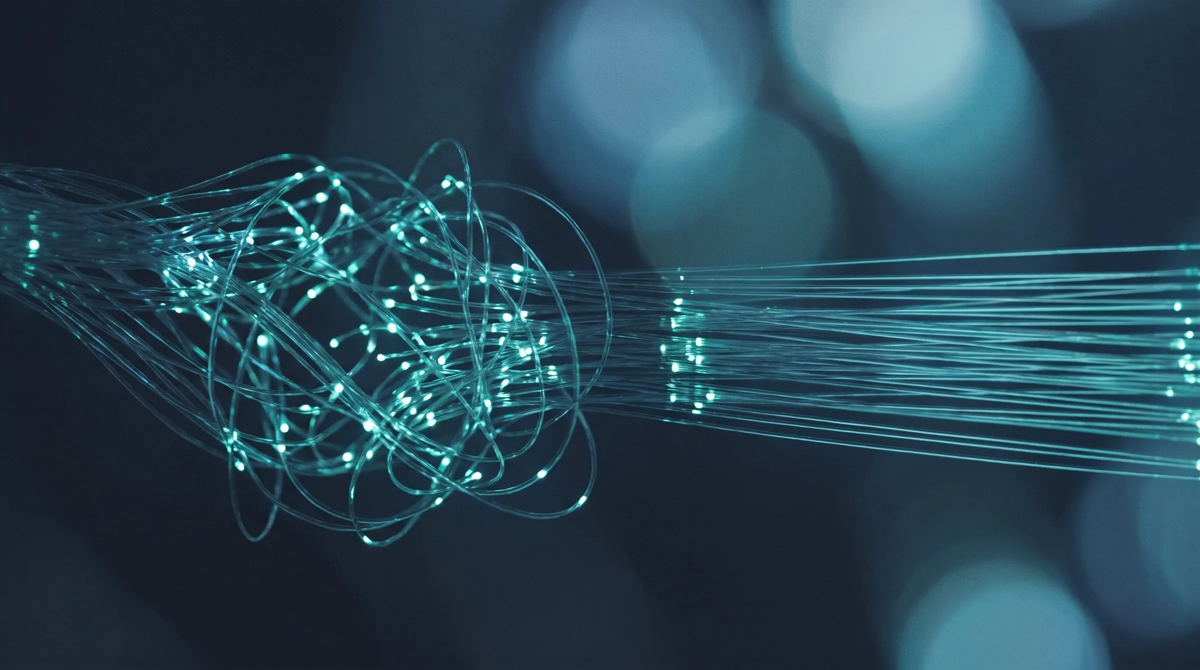 A bundle of optical fibers, tangled up on the left, arranged in parallel order on the right.
