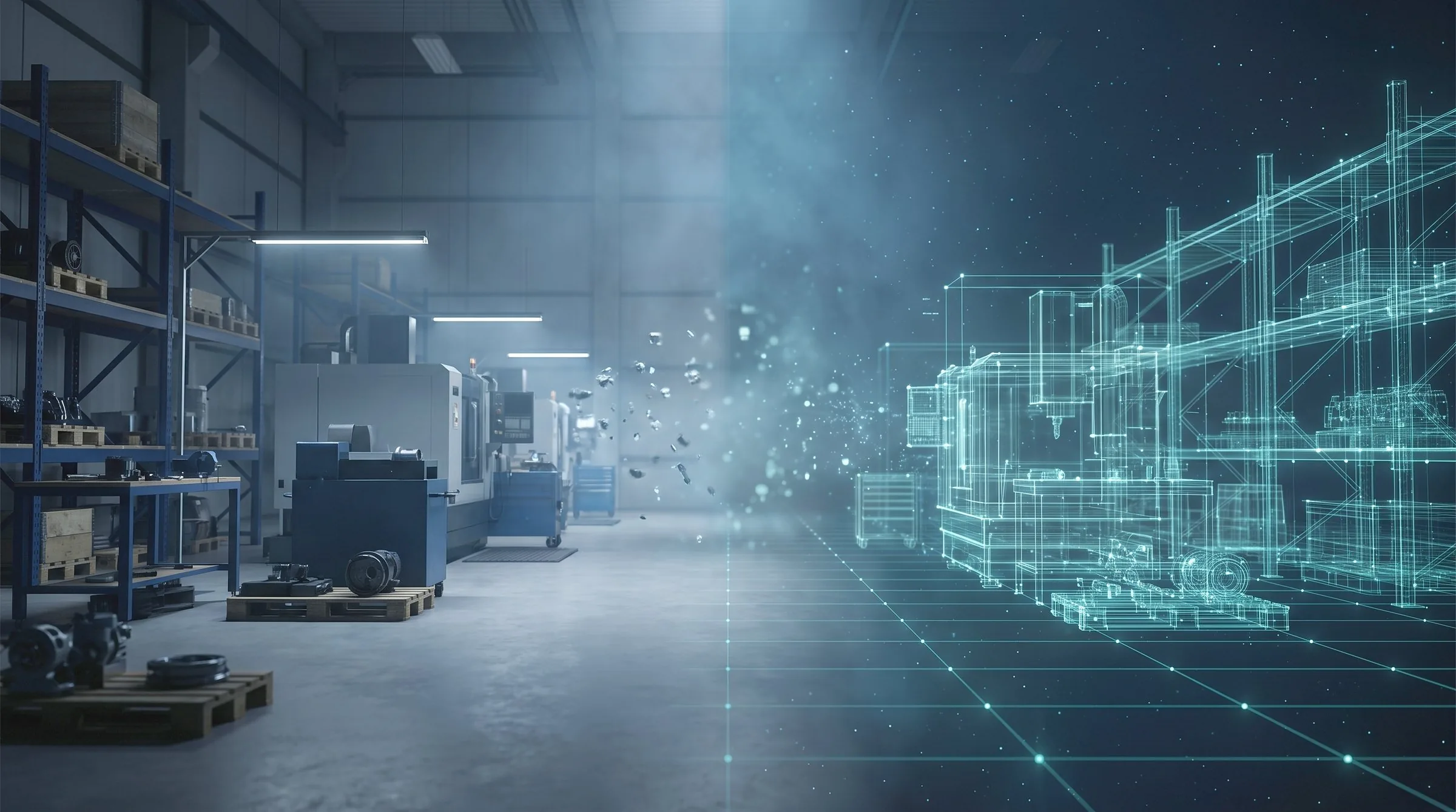 A real manufacturing area transitions to the right into a luminous digital model of the same space.