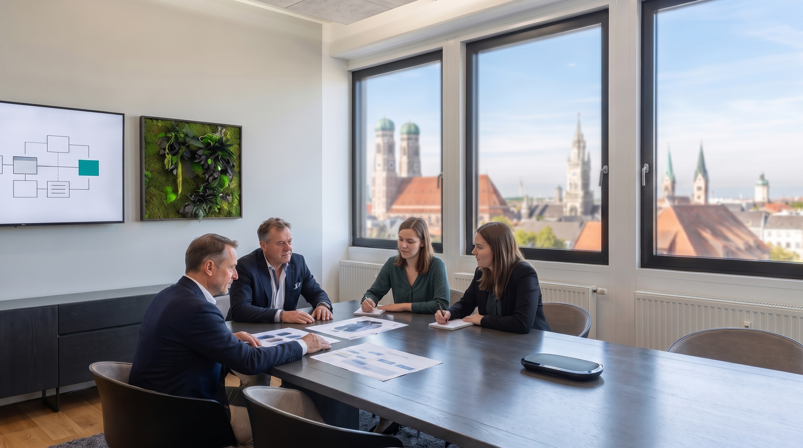 A conference room with a view of Munich's Old Town and the Frauenkirche: A printed architectural plan with a phased schedule is being explained at the table; two women in the audience are taking notes; on the wall is a screen displaying an architectural sketch
