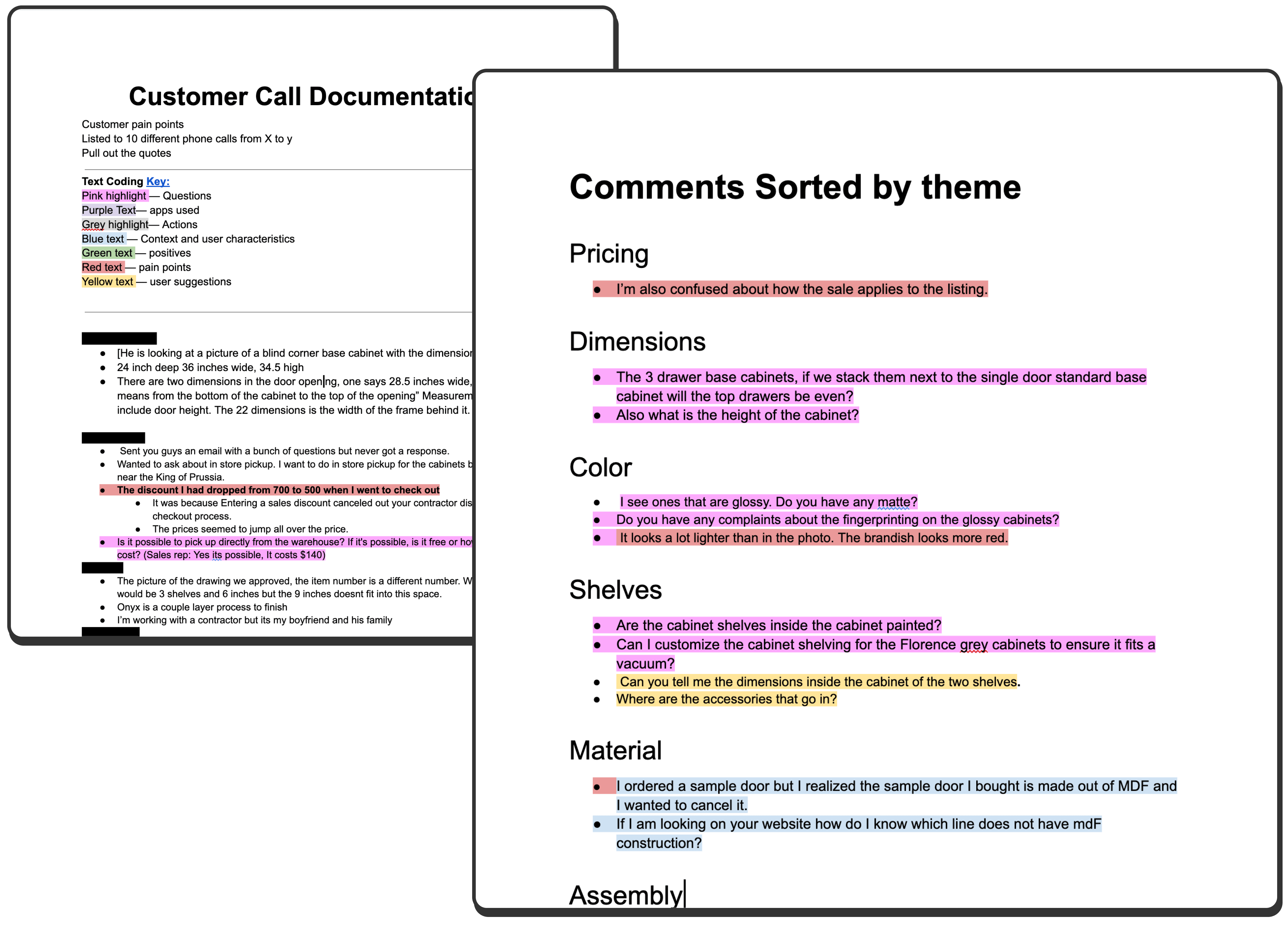 Comments from customer call research organized by theme