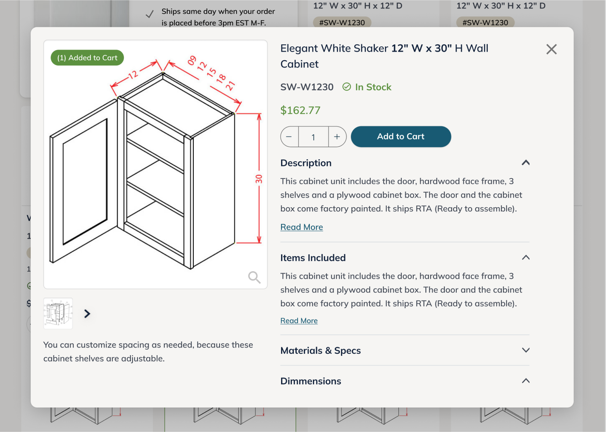 modal pop of of product details on new product page
