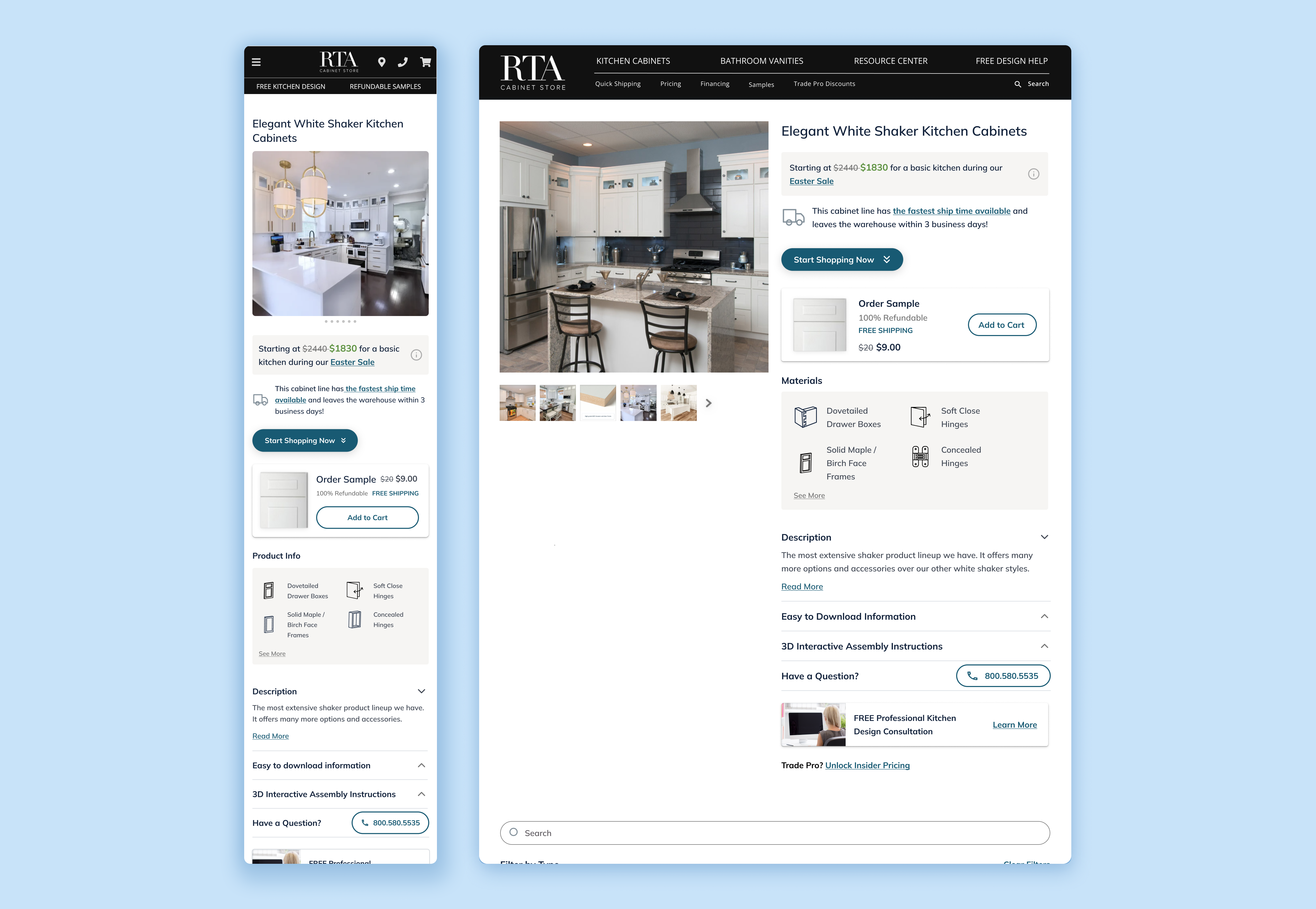 Image of RTA product page on website, the new design I made