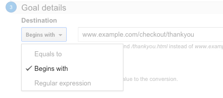 google analytics goal destination begins with