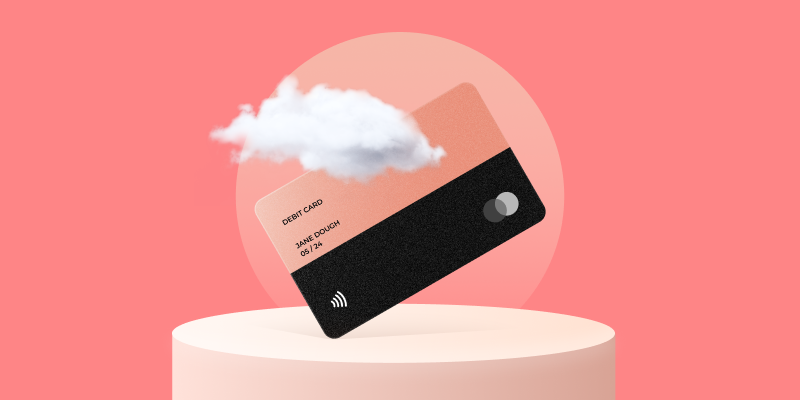 A stylized credit card floating on a pedestal.