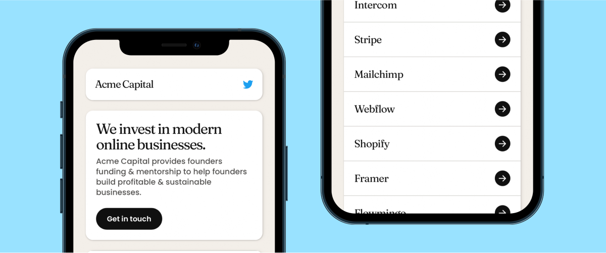 Links Webflow Template Layout #8 alternate mocked up on an iPhone.