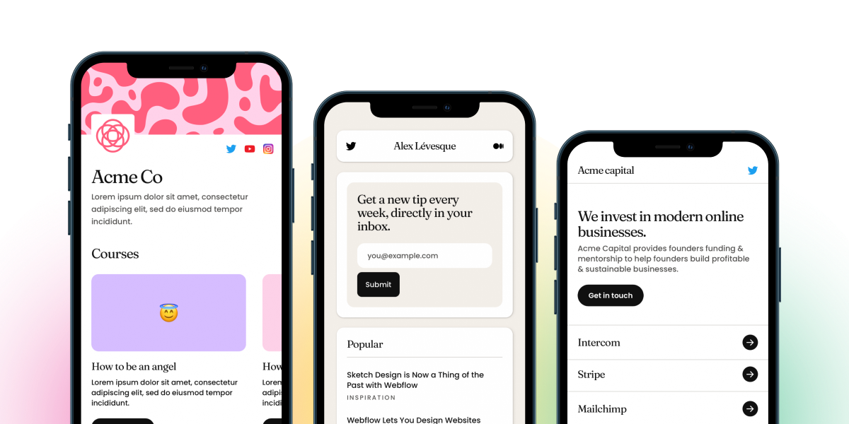 Three iPhones showing various Links Webflow Template layouts. 