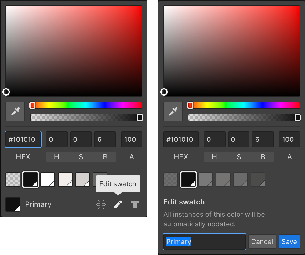 A screenshot showing two color panels inside the Webflow Designer.