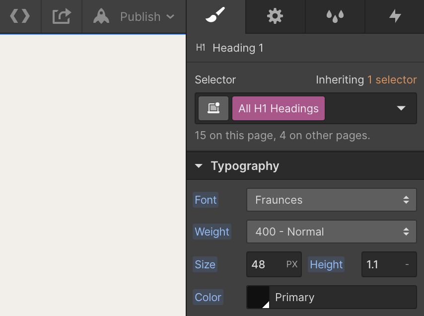 A screenshot showing how to change the typography for All H1 Headings elements. 